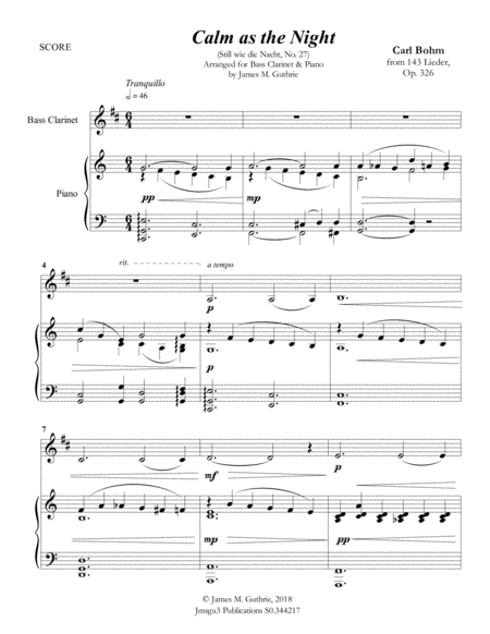 Free Sheet Music Bohm Calm As The Night For Bass Clarinet Piano