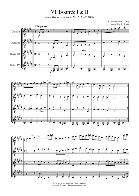 Free Sheet Music Bouree 1 2 Bwv 1066 For Guitar Quartet