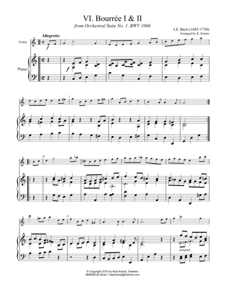 Free Sheet Music Bourree 1 2 From Suite No 1 Bwv 1066 For Violin And Piano
