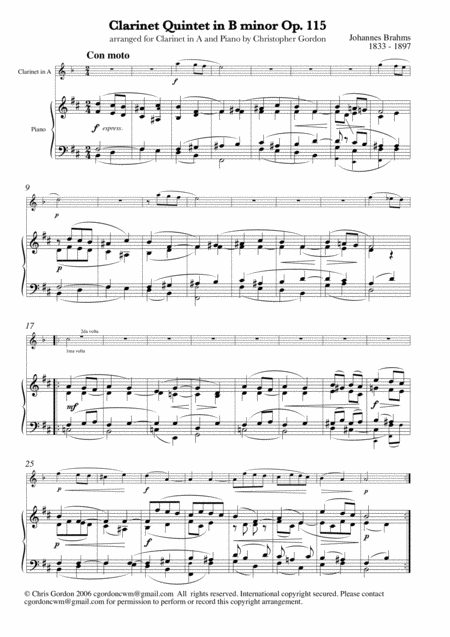 Brahms Clarinet Quintet Op 115 Arr For Clarinet In A And Piano Finale Theme And Variations Con Moto Sheet Music