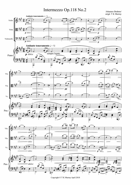 Free Sheet Music Brahms Intermezzo Op 118 No 2 Piano Quartet Violin Viola Cello Piano