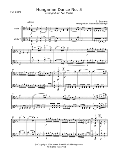 Free Sheet Music Brahms J Hungarian Dance No 5 For Two Violas