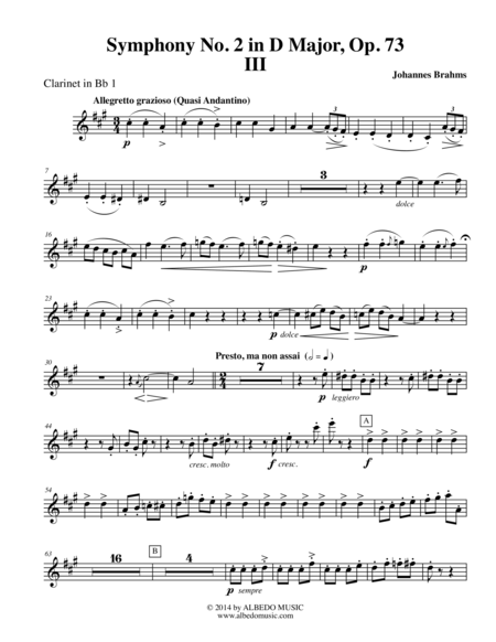 Free Sheet Music Brahms Symphony No 2 Movement Iii Clarinet In Bb 1 Transposed Part Op 73