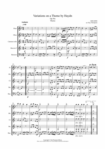 Brahms Variations On A Theme By Haydn Op 56a Theme And Variations 1 2 3 4 7 Wind Quintet Sheet Music