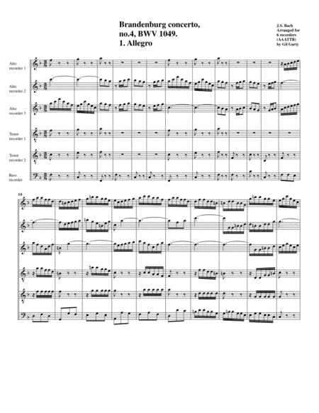 Brandenburg Concerto No 4 Bwv 1049 Arrangement For 6 Recorders Sheet Music