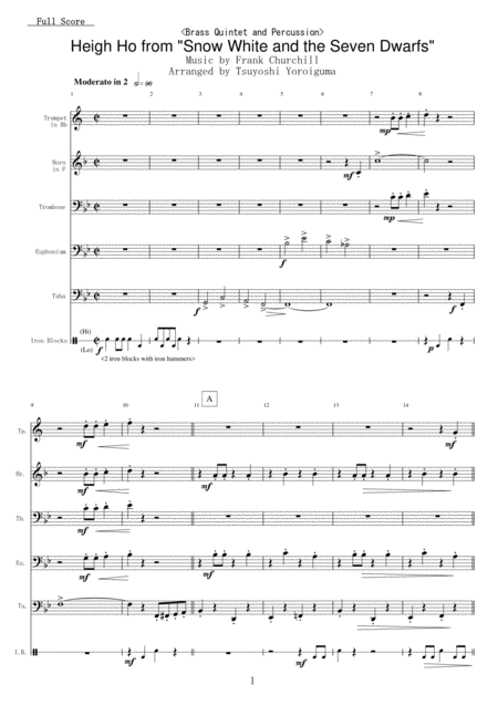 Brass Quintet And Percussion Heigh Ho From Snow White And The Seven Dwarfs Sheet Music