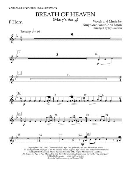 Breath Of Heaven Marys Song Arr Jay Dawson F Horn Sheet Music