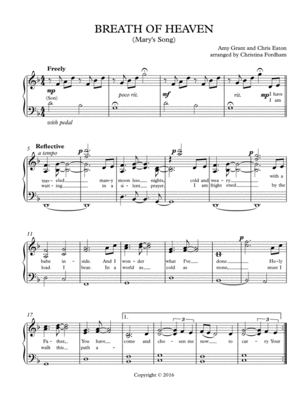 Free Sheet Music Breath Of Heaven Marys Song Easy Piano