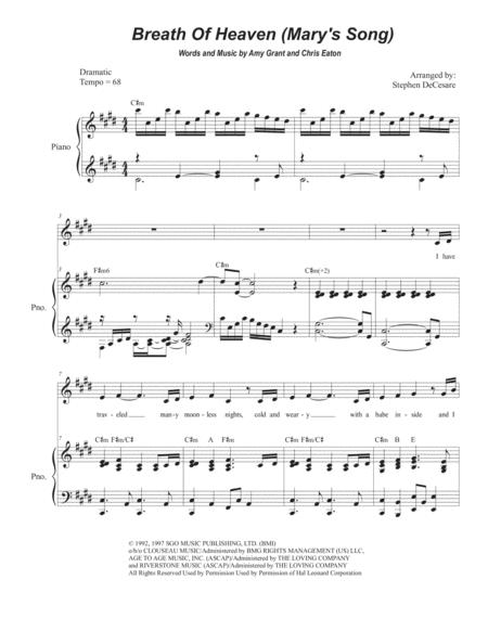 Free Sheet Music Breath Of Heaven Marys Song For Unison Choir High Key