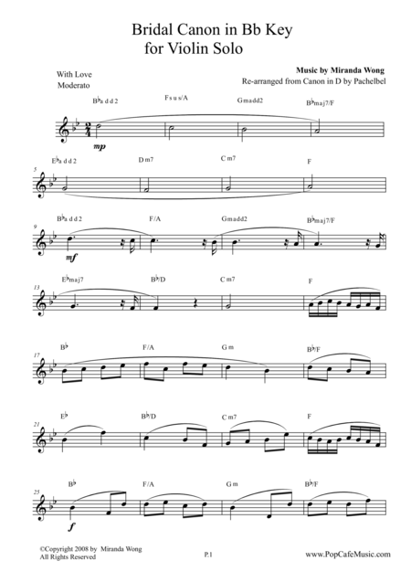 Bridal Canon In Bb Violin Flute Solo Lead Sheet Sheet Music