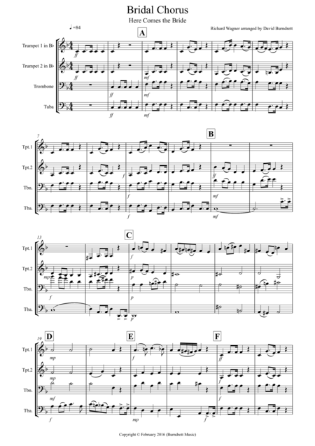 Bridal Chorus Here Comes The Bride For Brass Quartet Sheet Music