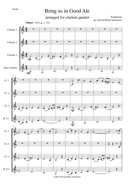 Bring Us In Good Ale For Clarinet Quartet Sheet Music