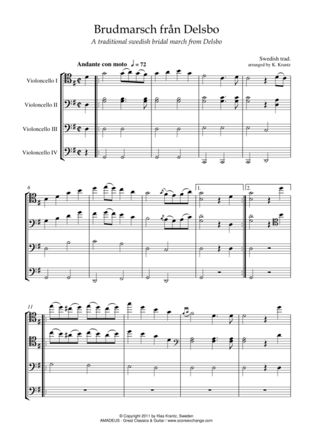 Brudmarsch Fran Delsbo For Cello Quartet Sheet Music