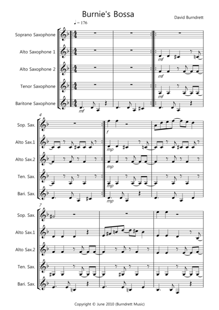 Burnies Bossa For Saxophone Quintet Sheet Music