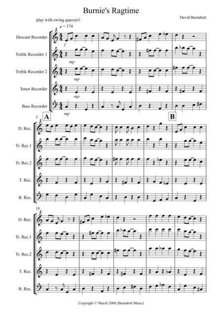 Free Sheet Music Burnies Ragtime For Recorder Quintet