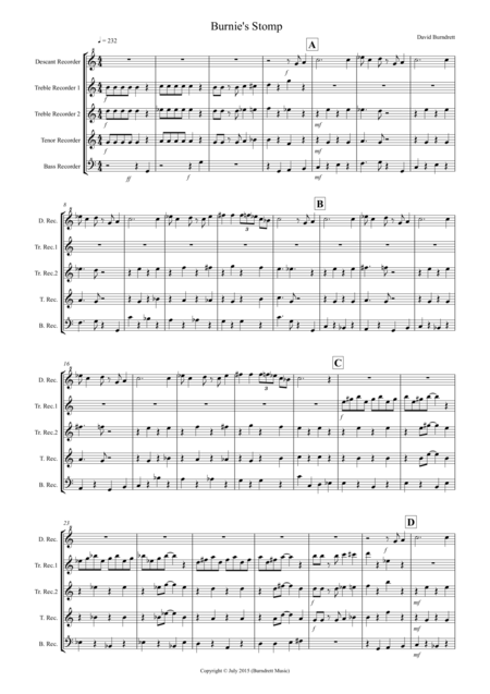 Burnies Stomp For Recorder Quintet Sheet Music