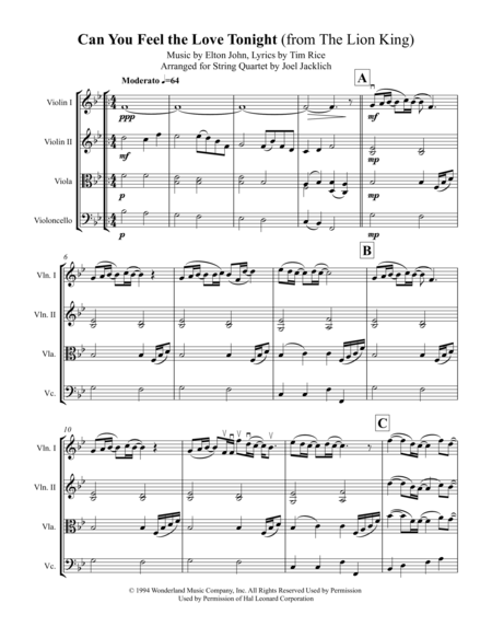 Free Sheet Music Can You Feel The Love Tonight From The Lion King For String Quartet