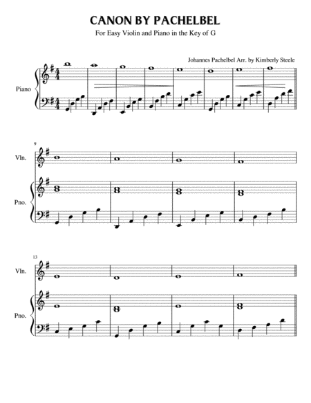 Canon By Pachelbel In The Key Of G For Easy Violin And Piano Sheet Music