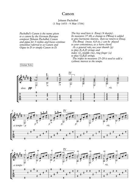 Canon Classical Guitar Solo Sheet Music