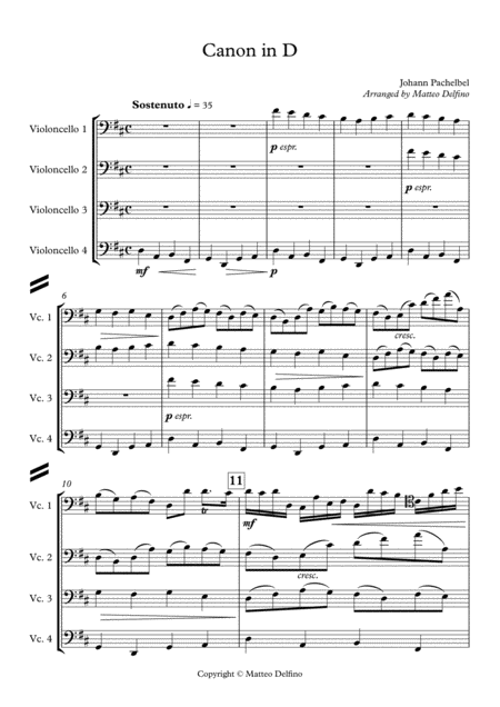 Canon In D Cello Quartet Sheet Music