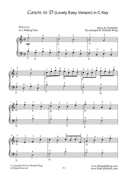 Free Sheet Music Canon In D Easy Piano Solo In C Key With Fingerings