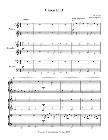 Canon In D Late Elementary Trio 1 Piano 6 Hands Sheet Music