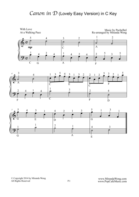 Canon In D Piano Solo In C Key Lovely Easy Version Sheet Music