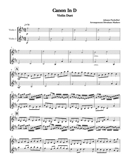 Free Sheet Music Canon In D Violin Duet
