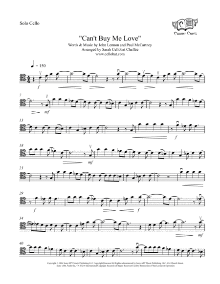 Cant Buy Me Love Solo Cello The Beatles Arr Cellobat Sheet Music