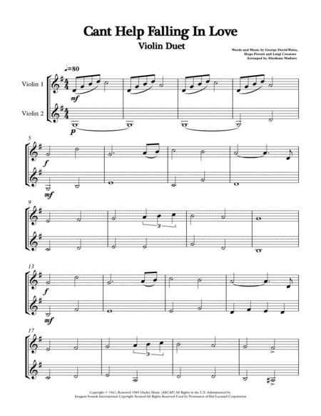 Cant Help Falling In Love By Michael Buble Wedding Violin Duet Sheet Music