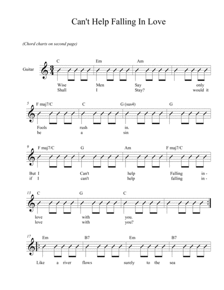 Cant Help Falling In Love Easy Guitar Chords And Lyrics Sheet Music