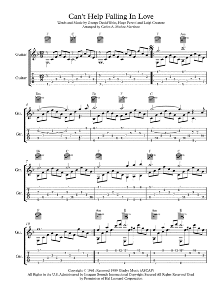 Cant Help Falling In Love Elvis Presley Fingerstyle Easy Sheet Music