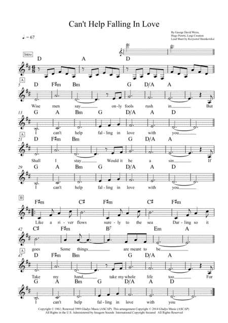 Free Sheet Music Cant Help Falling In Love Elvis Presley Lead Sheet