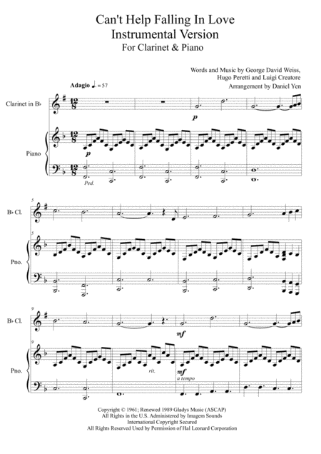Free Sheet Music Cant Help Falling In Love Instrumental Version For Clarinet Piano