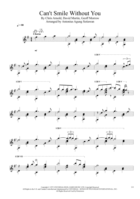 Cant Smile Without You Solo Guitar Score Sheet Music