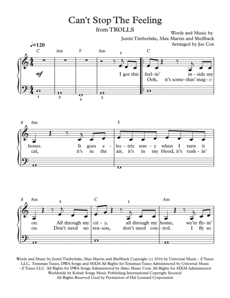 Cant Stop The Feeling From Trolls Beginner Edition Sheet Music