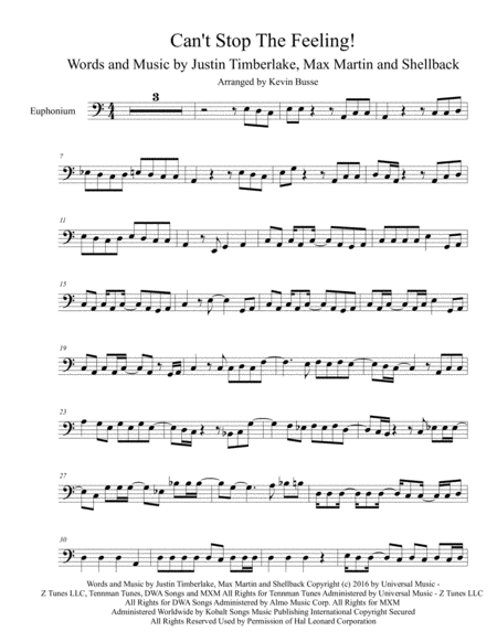 Free Sheet Music Cant Stop The Feeling Original Easy Key Of C Euphonium