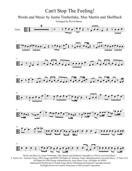 Cant Stop The Feeling Original Easy Key Of C Viola Sheet Music