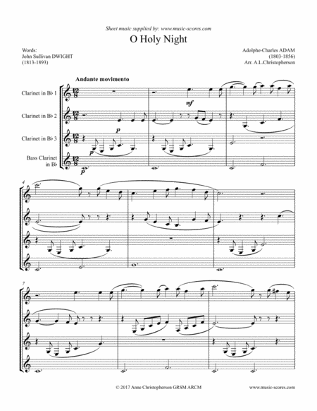 Cantique De Noel O Holy Night Clarinet Quartet 3 Bb Clarinets Bass Clarinet Sheet Music