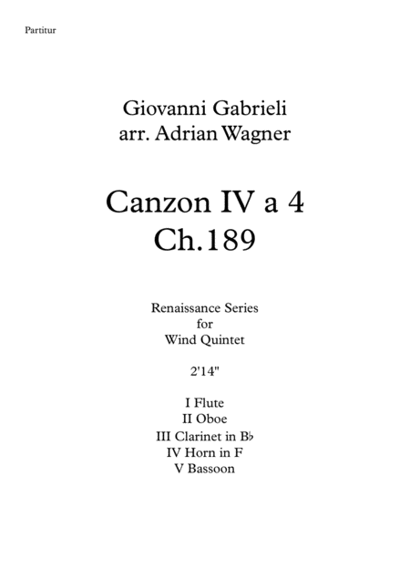 Canzon Iv A 4 Ch 189 Giovanni Gabrieli Wind Quintet Arr Adrian Wagner Sheet Music