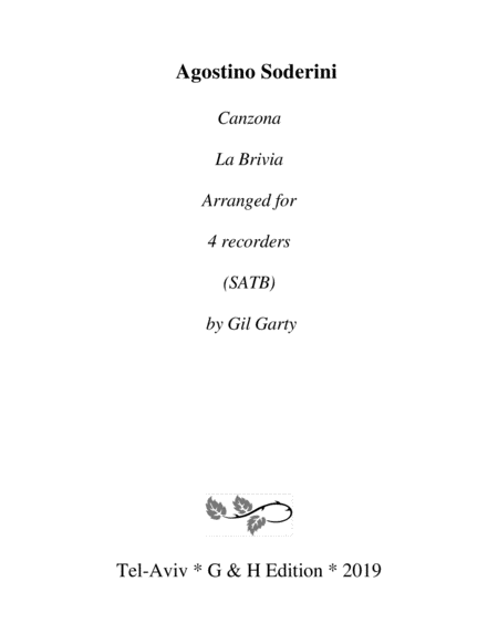 Canzona La Brivia Arrangement For 4 Recorders Sheet Music