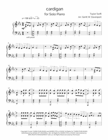 Cardigan By Taylor Swift Piano Solo Sheet Music