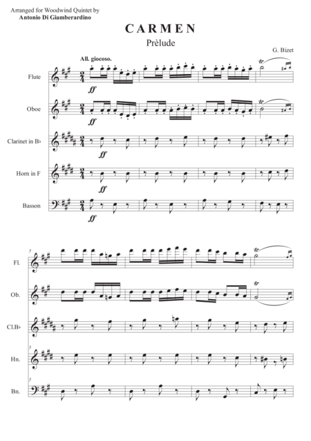 Free Sheet Music Carmen Prlude For Woodwind Quintet