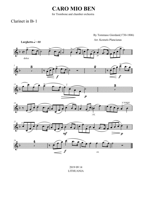 Caro Mio Ben For Trombone And Chamber Orchestra Sheet Music