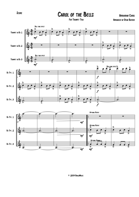 Carol Of The Bells For Trumpet Trio Sheet Music