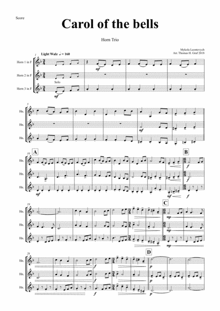 Carol Of The Bells Pentatonix Style Horn Trio Sheet Music