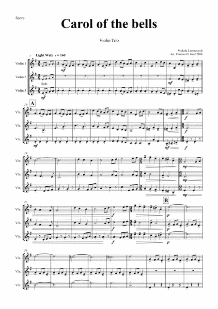 Carol Of The Bells Pentatonix Style Violin Trio Sheet Music