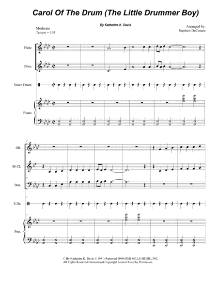 Free Sheet Music Carol Of The Drum The Little Drummer Boy For Woodwind Quartet And Piano