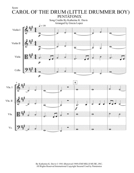 Carol Of The Drum The Little Drummer Boy Pentatonix For Strings Quartet Sheet Music