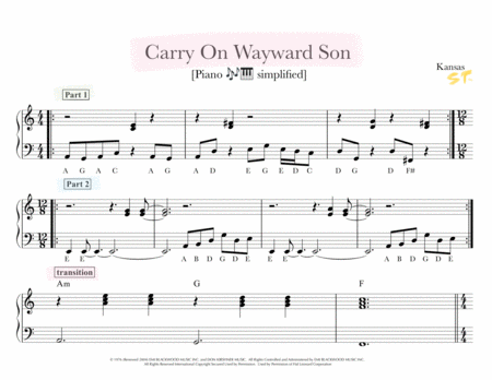 Carry On Wayward Son Easy Piano Arrangement Sheet Music